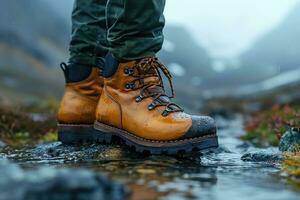 AI generated trekking boots on the feet of a hiker walking through the rainy mountains, close-up photo