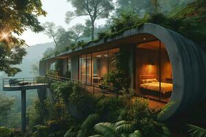 AI generated mini hotel, futuristic cottage in the wooded mountains photo