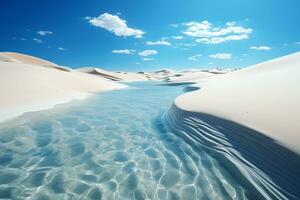 lagoon with clear water between dunes in the desert after rain photo