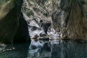 clear transparent lake at the bottom of a deep canyon photo