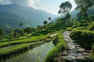 AI generated green tropical valley with terraced farming photo