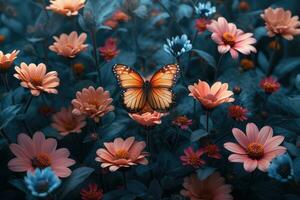 AI generated natural background, butterfly among flowers on a dark meadow photo