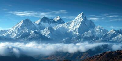 AI generated highland landscape, panorama with snow-covered mountain peak photo