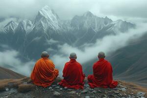 ai generado Tres budista monjes meditar mientras sentado en el montañas foto