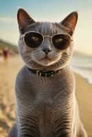 ai generado un británico cabello corto gato vistiendo Gafas de sol en el playa foto