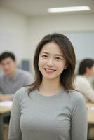 AI generated asian female teacher in classroom with students photo