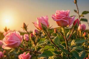 AI generated pink roses in bloom at sunset photo