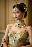 AI generated a stylish and elegant young woman from privileged society wearing a fancy dress and jewelry photo