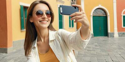 ai generado un sonriente turista mujer vistiendo Gafas de sol toma un selfie con su teléfono inteligente foto