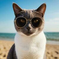 AI generated a british shorthair cat wearing sunglasses on the beach photo