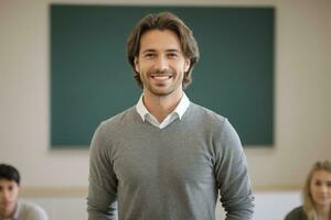 ai generado un hermoso masculino profesor sonrisas en salón de clases con estudiantes foto