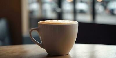 AI generated a cup of coffee sits on a table in front of a coffee shop photo