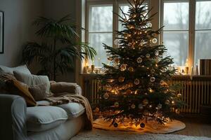 AI generated decorated Christmas tree with glowing garland in a New Year interior photo