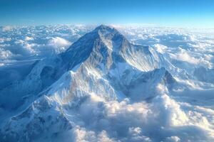 ai generado aéreo ver de un alto montaña pico creciente encima el nubes foto