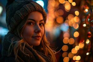 ai generado retrato de joven mujer al aire libre en invierno ciudad en contra el antecedentes de un Navidad árbol con un brillante guirnalda foto