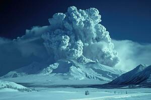 ai generado volcánico erupción con Nevado frío paisaje foto