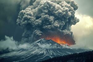 ai generado masivo explosivo volcánico erupción con ceniza columna foto