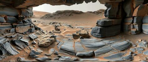 ai generado cueva en el planeta Marte es un ideal sitio a construir un base foto