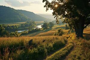 AI generated beautiful rural landscape with meadows and river photo