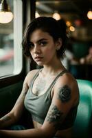 ai generado un joven mujer con tatuajes sentado en un restaurante foto