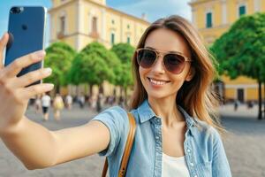 AI generated a smiling tourist woman wearing sunglasses takes a selfie with her smartphone photo