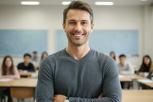 ai generado un hermoso masculino profesor sonrisas en salón de clases con estudiantes foto