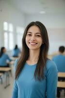 AI generated a beautiful smiling female teacher wearing blue long sleeves in a classroom photo