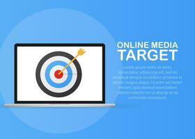 Online media, target audience, digital marketing, flat design vector concept with marketing icons on blue background.