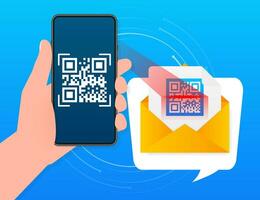 Hand holds phone with scan qr code to pay on screen. Phone on blue background. Vector illustration