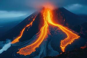 ai generado cerca ver de un volcánico erupción con lava fluye foto