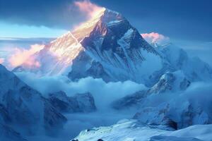 AI generated view of a high snowy mountain peak above the clouds in the dawn rays photo