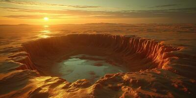 AI generated lifeless post apocalyptic landscape with a caked surface and huge craters filled with dirt photo