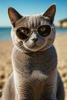ai generado un británico cabello corto gato vistiendo Gafas de sol en el playa foto