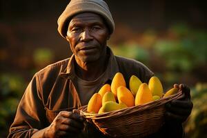 ai generado hombre granjero con cosechado mango frutas foto