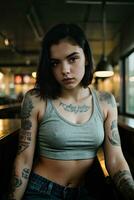 ai generado un joven mujer con tatuajes sentado en un restaurante foto