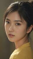 AI generated a beautiful young asian woman in a yellow shirt photo
