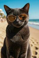AI generated a british shorthair cat wearing sunglasses on the beach photo