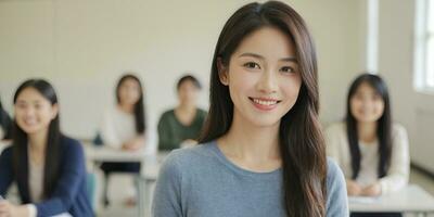 AI generated asian female teacher in classroom with students photo