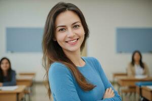 AI generated a beautiful smiling female teacher wearing blue long sleeves in a classroom photo