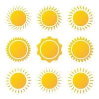 Sketch set yellow sun on white backdrop. Abstract light. Summer objects. Vector illustration.