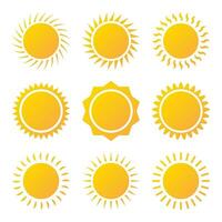 Sketch set yellow sun on white backdrop. Abstract light. Summer objects. Vector illustration.