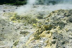 deposits of native sulfur in a fumarole field on the slopes of the Mendeleev volcano photo