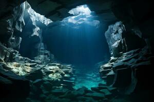 AI generated underwater cave with sunlight shining through the water photo