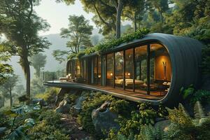 AI generated mini hotel, futuristic cottage in the wooded mountains photo