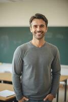 ai generado un hermoso masculino profesor sonrisas en salón de clases con estudiantes foto