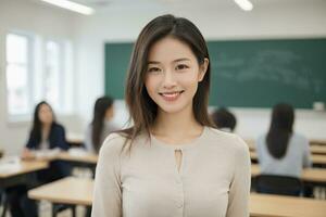 ai generado asiático hembra profesor en salón de clases con estudiantes foto