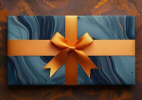 AI generated packed box with a gift tied with ribbon photo