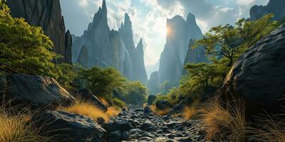 AI generated beautiful mountain landscape with natural stone rocks and cliffs photo