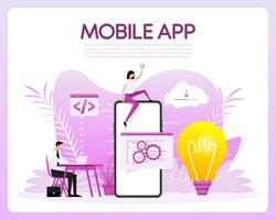 Mobile app with flat style people. Flat banner. Social media app. Vector design