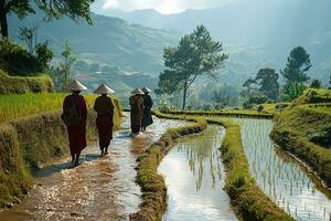AI generated rural landscape with rice terraced fields and people in asian folk clothes photo